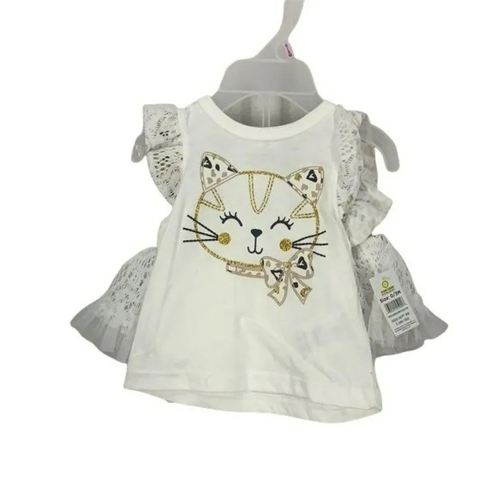 DDG Darling 0-3 Months Cat Ruffled white animal‎ print Two Piece Set